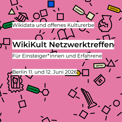 Visualisieurung des Linked Data Prinzips anhand von miteinander verbundenen Kulturgegenständen und Wikidata-Unique-Identifier-Nummern auf pinkem Untergrund.