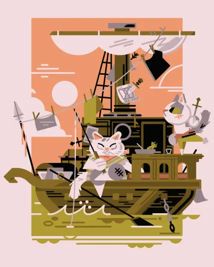 2024 limited color fantasy pet commission 

Two cats relax on their small anchored ship. one sits waiting on a tug from their fishing line, the other practices throwing knifes at various posters on the mast. laundry hangs drying.