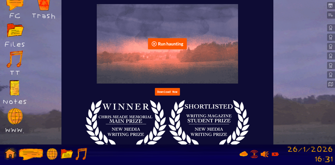 An itch.io project page in dark blues and oranges. There are desktop icons at the left hand side, and a mock toolbar along the bottom of the screen. The icons are rendered in a messy, hand-drawn style. There are two award laurels for the New Media Writing Prize.