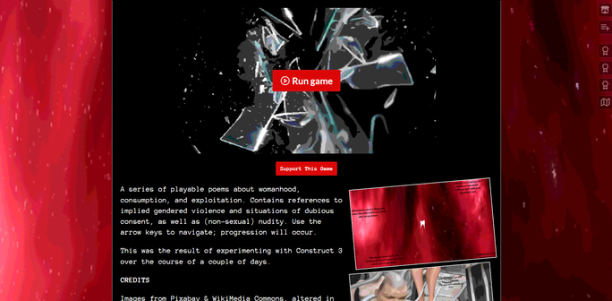 An itch.io project page. There are dappled, distorted red tones in the background, with a central column of black with a white dotted border. The game embed is an image of shattering glass. The screenshots also have a white dotted border, and are slightly rotated.