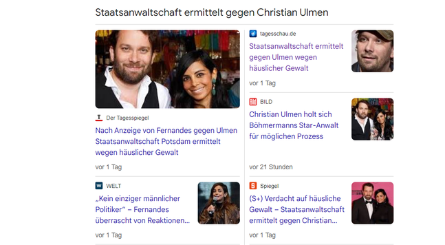Verschiedene durch Google News zusammengefasste Meldungen zum gleichen Thema sind mehrfach bebildert mit Christian Ulmen und Collien Fernandes, die gemeinsam lächelnd in die Kamera schauen. Es handelt sich um Archivmaterial.