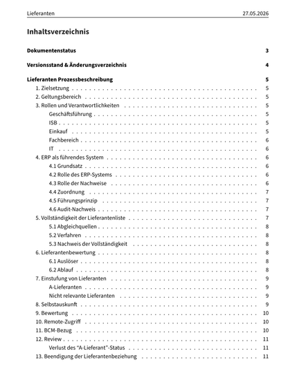 Inhaltsverzeichnis einer pragmatischen  Lieferanten Richtlinie (Beispiel)