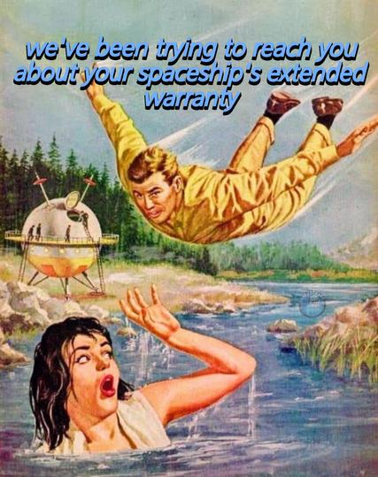 Pulp comic illustration for the comic Brain Boy by Gil Kane showing a guy flying under his own power toward a woman in a river near a space ship. He is saying "we've been trying to reach you about your spaceship's extended warranty"