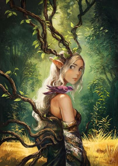 A digital painting with an artwork showing a dryad, silver hair and leaf-tipped ears in a sunlit forest. Also living vines curl around her shoulders and torso and a small purple bird perches on her shoulder. Golden grass gives a good saturation boost in the yellow in the background.