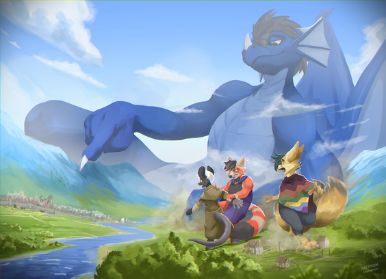 Illustration showing a giant blue dragon on the horizon as he's about to run a finger through a big medieval city. On the foreground, a group of smaller macros looks in terror while starting to run for their lives, unawarely crushing a small village in the process.