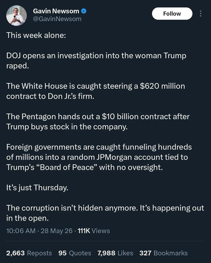 This is a post from Gov. Newsom in CA.  He’s listing all the new corruption going on in DC