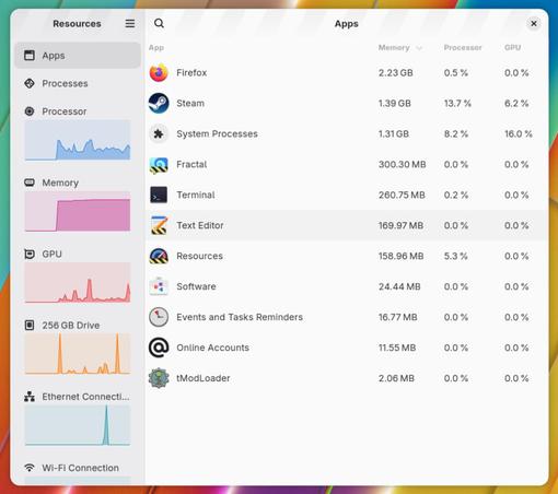 Screenshot of devel build of Resources. There are many apps listed, such as Firefox, Steam, Software app, tModLoader, Text Editor, Terminal etc.