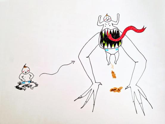 A line sketch in marker of a cute cartoonish baby transforming into a monster. The baby's tummy has split open becoming a giant mouth with sharp teeth and a long tongue. Huge clawed legs have grown out of the sides.