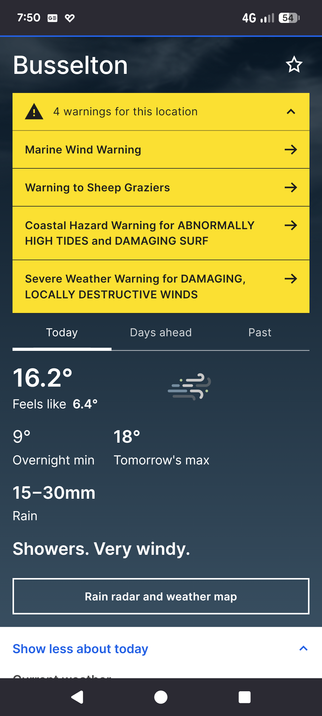 A screenshot of the bureau of meteorology website showing the current weather for Busselton. The warnings list:

     Marine Wind Warning

    Warning to Sheep Graziers

    Coastal Hazard Warning for ABNORMALLY HIGH TIDES and DAMAGING SURF

    Severe Weather Warning for DAMAGING, LOCALLY DESTRUCTIVE WINDS