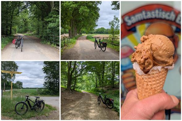 Bildkollage:
Rechts hochkant: Ein Eis in einer Waffel wird in die Höhe gehalten, dahinter verschwommen das Logo einer Eisdiele
Linke Seite: 4 Bilder von einem Fahrrad unterwegs auf schmalen Straßen und Waldwegen in Schleswig-Holstein