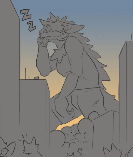 Doodle of a macro Maney sleepwalking through a city.