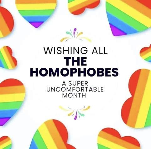 an image that reads: "wishing all the homophobes a super uncomfortable month". the text is surrounded by rainbow hearts.