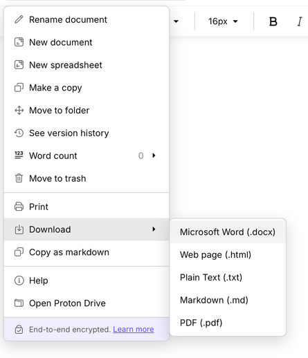 Screenshot of context menu from Proton Docs. The relevant bit is the Downloads sub menue showing MS Word Doc (.docx) as the first option with .html .txt .md and .pdf. No .odt anywhere to be seen :-(