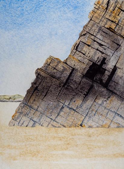 watercolour of dipping rock planes on a beach with numerous bedding planes and faults at right angles to each other. And a distinctive horizontal tide mark of barnacles and other lifeforms.