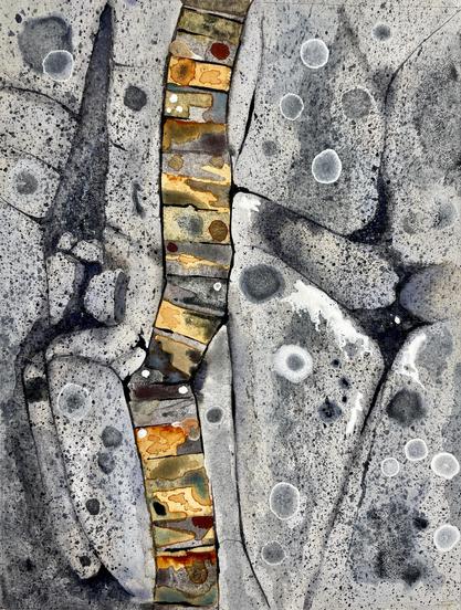 watercolour - a basalt dyke, richly coated in colourful lichens cuts through grey Lewisian gneiss with its own grey, lichen community.