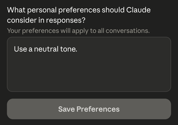 Claude system-prompt setting set to "Use a neutral tone".
