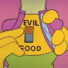 Evil Krusty doll good/evil switch meme.