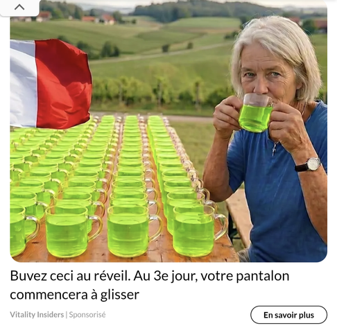 Photo d'une dame buvant un verre avec un liquide vert fluo dedans. Elle est accoudée à une table où sont disposées 6 rangées de 16 verres, eux aussi remplis avec le liquide fluo.

La légende indique : "Buvez ceci au réveil. Au troisième jour, votre pantalon commencera à glisser."

A gauche, pour ajouter au ridicule de la photo, flotte fièrement un drapeau (Français ?) dont on ne voit que les rayures blanches et rouges.