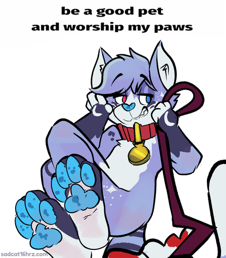 An illustration of an anthropomorphic cat character with lavender fur. The cat is wearing a red collar with a gold bell and posing suggestively, displaying its blue-pawed paws. Text captions repeat the phrase 'be a good pet and worship my paws,'"