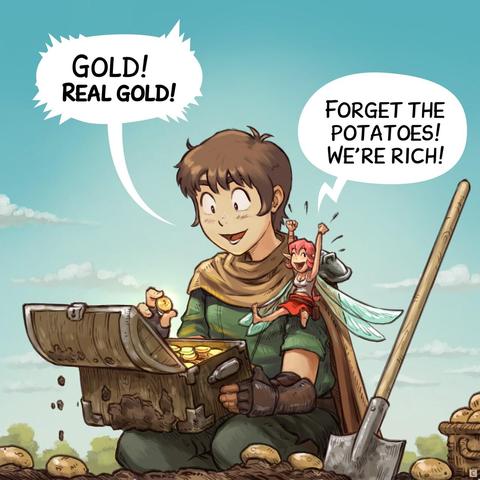 Panel 3. The adventurer knees near a small cascet filled with gold. The two characters are delighted.  
> Adventurer: "Gold! Real gold!"  
> Pink-fairy: "Forget the potatoes! We're rich!"