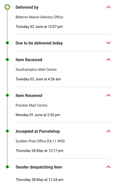 Screenshot of parcel tracking showing it being posted on 28 May and delivered on 2 June.