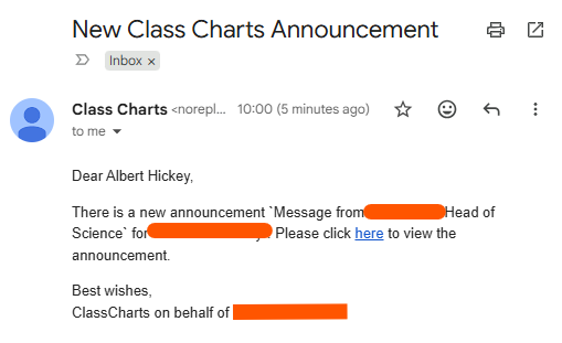 Class Charts email with no information in it other than directed to click a link to read the Announcement.