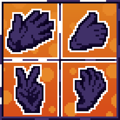 4 pixel art hands displayed in a 2x2 grid making different gestures
The first one is open, like waving Hi to someone. Hi!!
The second one is a thumbs up. Good Job!
The third one is making a peace sign. Peace!!
The fourth one is stressed, like scrathing something or lifting a heavy object from below. Yikes!