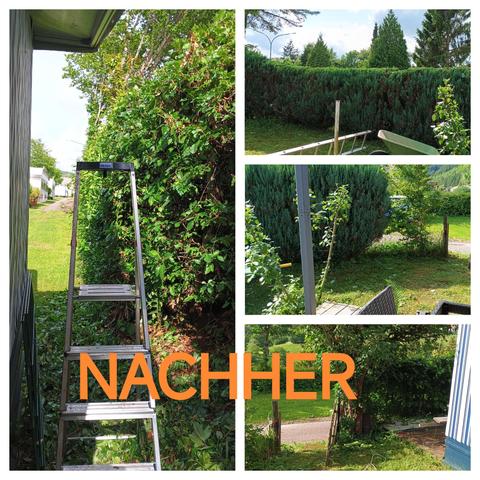 Collage aus vier Fotos des gleichen Gartens, in dem nun aber die Wiese gemäht und Büsche und Hecken geschnitten sind. Darüber in Druckschrift das Wort "NACHHER".