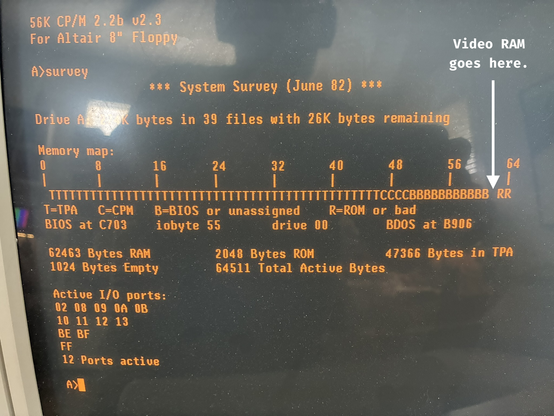 A run of the CP/M "survey" program, showing an unmapped memory block at F400.