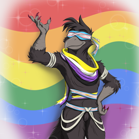 An Anthro raven wrapped in non-binary and trans pride flags