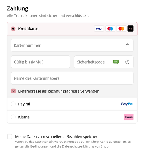 Zahlungsmethoden beim Checkout: Kreditkarte, Paypal und Klarna.