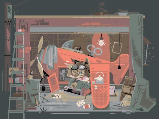 2026 full color fantasy pet commission 

in a brick building with a lifted garage door, a cat peers out at the viewer. seated on a toolbox and with a wrench in hand, he works on the innards of a wind up plane. junk, tools, and creature comforts are scattered about.
