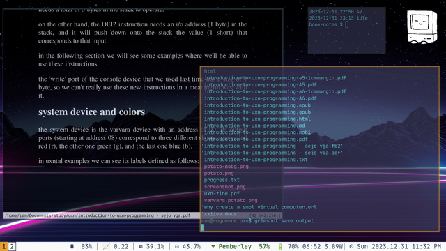 Sorry, just a quick dump of synthwave screenshots from linux running Swaywm and foot terminal, some with Xlinks browser and others. Can provide better alt text upon request.