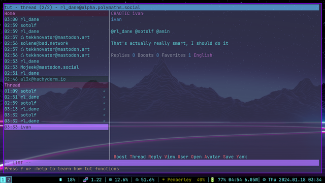 Sorry, just a quick dump of synthwave screenshots from linux running Swaywm and foot terminal, some with Xlinks browser and others. Can provide better alt text upon request.