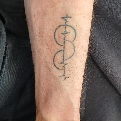 Arm mit einem Tattoo: zwei Halbkreise schieben sich zu einem Vollkreis zusammen.