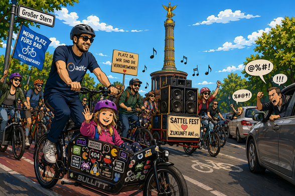 Eine farbenfrohe, comicartige Illustration zeigt eine Fahrrad-Demonstration vor der Berliner Siegessäule. Im Vordergrund fährt ein Mann auf einem schwarzen Lastenrad, in dessen Transportbox ein kleines Mädchen sitzt und fröhlich winkt. Das Lastenrad ist mit zahlreichen bunten Aufklebern verziert.
Um ihn herum sind viele weitere Radfahrende zu sehen, die Schilder hochhalten, auf denen „Mehr Platz fürs Rad“ und „Platz da, wir sind die Verkehrswende!“ steht. Ein Fahrradanhänger mit großen Lautsprechern trägt ein Schild mit der Aufschrift „Sattel fest, Zukunft an!“.
Auf der rechten Seite des Bildes stehen Autos im Stau. Ein wütender Autofahrer lehnt sich aus dem Fenster und schreit.
Der Himmel ist blau mit weißen Wolken, und die Szene wirkt lebendig und dynamisch.