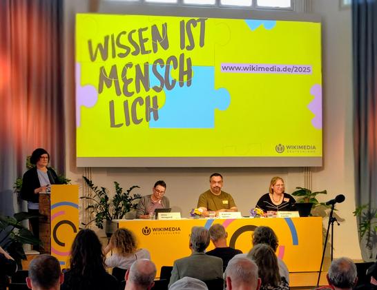 Eine Person steht am Rednerpult und spricht zum Publikum. Neben ihr sitzt ein dreiköpfiges Podium auf der Bühne während der Mitgliederversammlung.