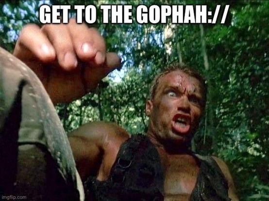Arnold Schwarzenegger as commando Dutch ordering a retreat to a helicopter has been altered to return to the gopher-verse.