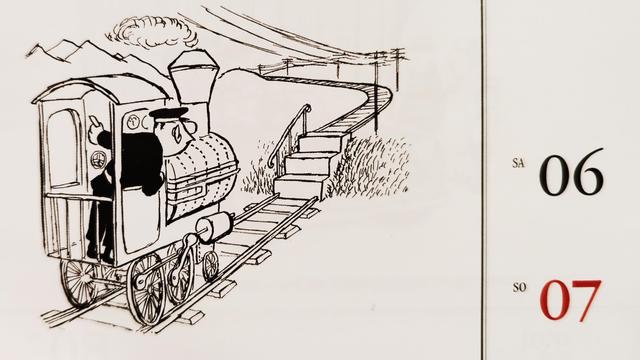 Loriot-Abreißkalender mit einem Cartoon für dieses Wochenende: Ein Zugführer mit einer Dampflok schaut nach vorne und sieht am Ende seiner Gleisen Treppen mit drei Stufen, die zur Höhenüberbrückung zu den weiteren Gleisen genutzt werden. Ein für den Zug unüberwindbares Problem.