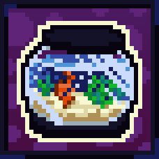 A Pixel art of a sealed aquarium containing a single shrimp and some algae