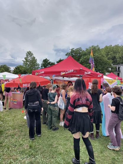 Unter wolkenverhangenem Himmel scharen sind vorwiegend junge Leute um einen roten Pavillon mit der Aufschrift „Die Linke“. Auch ein roter Linke-Sonnenschirm und eine rote Fahne ist zu sehen. Die Leute sind bunt gekleidet, manche haben die Haare gefärbt, jemand ist in eine Trans-Fahne gehüllt. Im Hintergrund stehen grüne Bäume, eine Pride-Fahne ragt in die Höhe, und es sind weitere Stände zu erahnen.