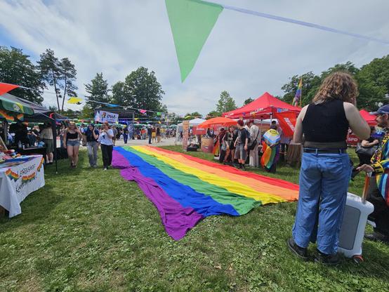 Dieselbe Szene aus etwas anderem Winkel und im Breitformat. Die Sonne ist durchgebrochen, man sieht, dass zwischen den Pavillons bunte Fahnengirlanden gespannt sind und dass das CSD-Gelände noch weit in die Tiefe reicht. Zwischen den Pavillons ist auf der Wiese eine große, meterlange Pride-Fahne ausgerollt. Im Vordergrund steht eine Person mit dem Rücken zur Kamera.