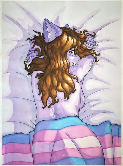 A watercolor painting of a light pink anthro fox woman with long brown hair and amber eyes lying on a bed. Her head is resting in her arms as she smiles up to the viewer. She's naked, a bit of her breast visible from behind, and her bottom is covered with a blanket in trans pride flag colors.
