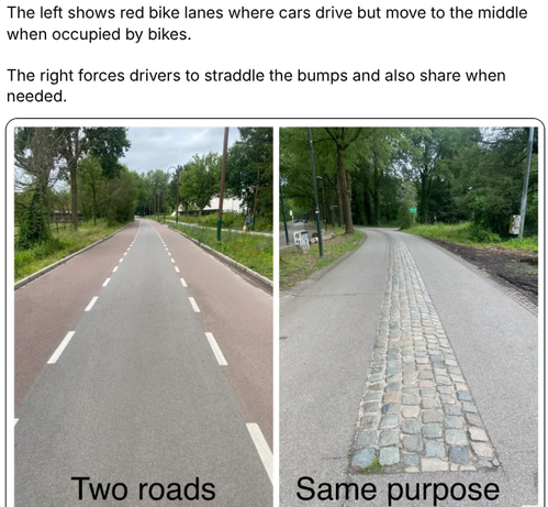 text above images: The left shows red bike lanes where cars drive but move to the middle when occupied by bikes. [red painted edge lanes on asphalt]

The right forces drivers to straddle the bumps and also share when needed. [cobbles between asphalt edge lanes]