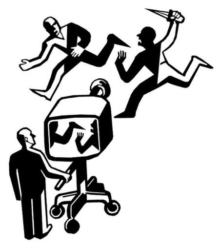 A stark black-and-white illustration demonstrating media manipulation. In the larger scene, an aggressor wielding a knife is actively chasing a terrified, fleeing victim. In the foreground, a camera operator films the chase. However, the camera's monitor shows a tightly cropped view of the scene that completely alters the narrative: the tight frame crops out the knife, making the fleeing victim's outstretched arm look like an attack, and makes the actual knife-wielding aggressor appear to be a cowering victim.