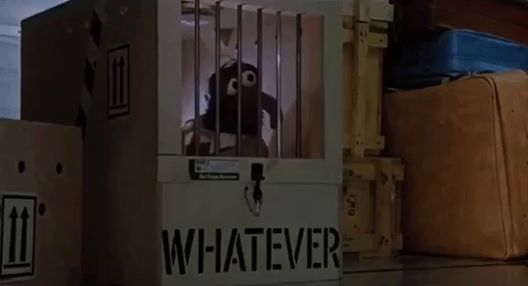 GIF of Gonzo sighing while sitting in a crate labeled "WHATEVER" from The Great Muppet  Caper