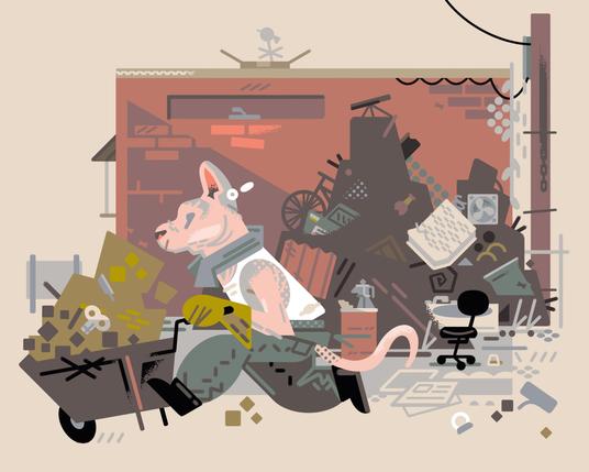 2026 full color pet portrait. 

in a back lot of a red brick building, a hairless cat hastily moves a wheelbarrow, piled high and heavy. a pile of junk composed of furniture, cars, bikes, barrels, bathtubs, fans, glass, and wood sits waiting to be picked through.