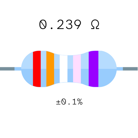 a resistor with a 5 line color code in red, orange, white, pink, purple, with 0.239 Ω written above and +- 0.1% below it