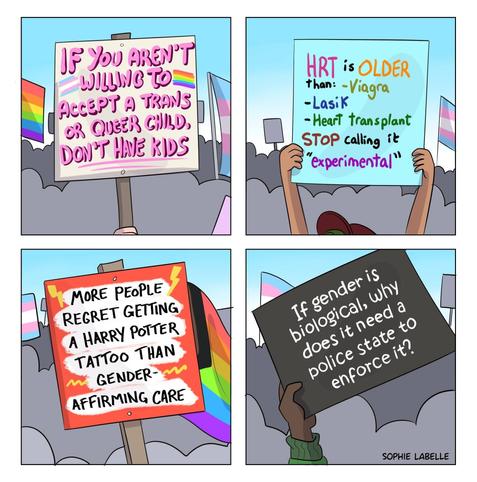 Four frame comics. Every frame shows a crowd holding rainbow and trans flags, and features one sign. In the first, it reads : If you aren't willing to accept a trans or queer child, don't have kids. In the second : HRT is older than : Viagra, Lasik, heart transplant. Stop calling it "experimental." The third : More people regret getting a Harry Potter tattoo than gender-affirming care. The fourth : If gender is biological, why does it need a police state to enforce it?