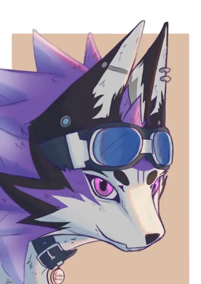 A purple and white Novabeast with an industrial bar piercing in their right ear, a spiral in the other and snakebites in their lips. They have a blue collar on that reads "Seth's Nova."